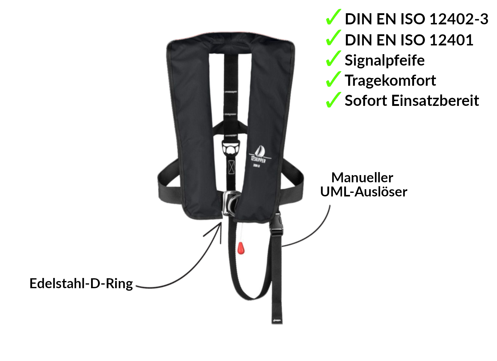 2er-Set 12skipper Automatik-Rettungsweste 300N ISO mit Harness, schwarz inkl. 2 Wartungskits