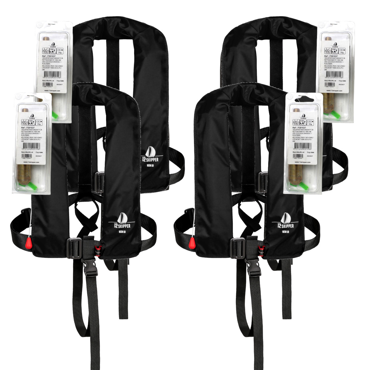 4er-Set 12skipper Automatik-Rettungsweste 165N ISO mit Harness, schwarz inkl. 4 Wartungskits