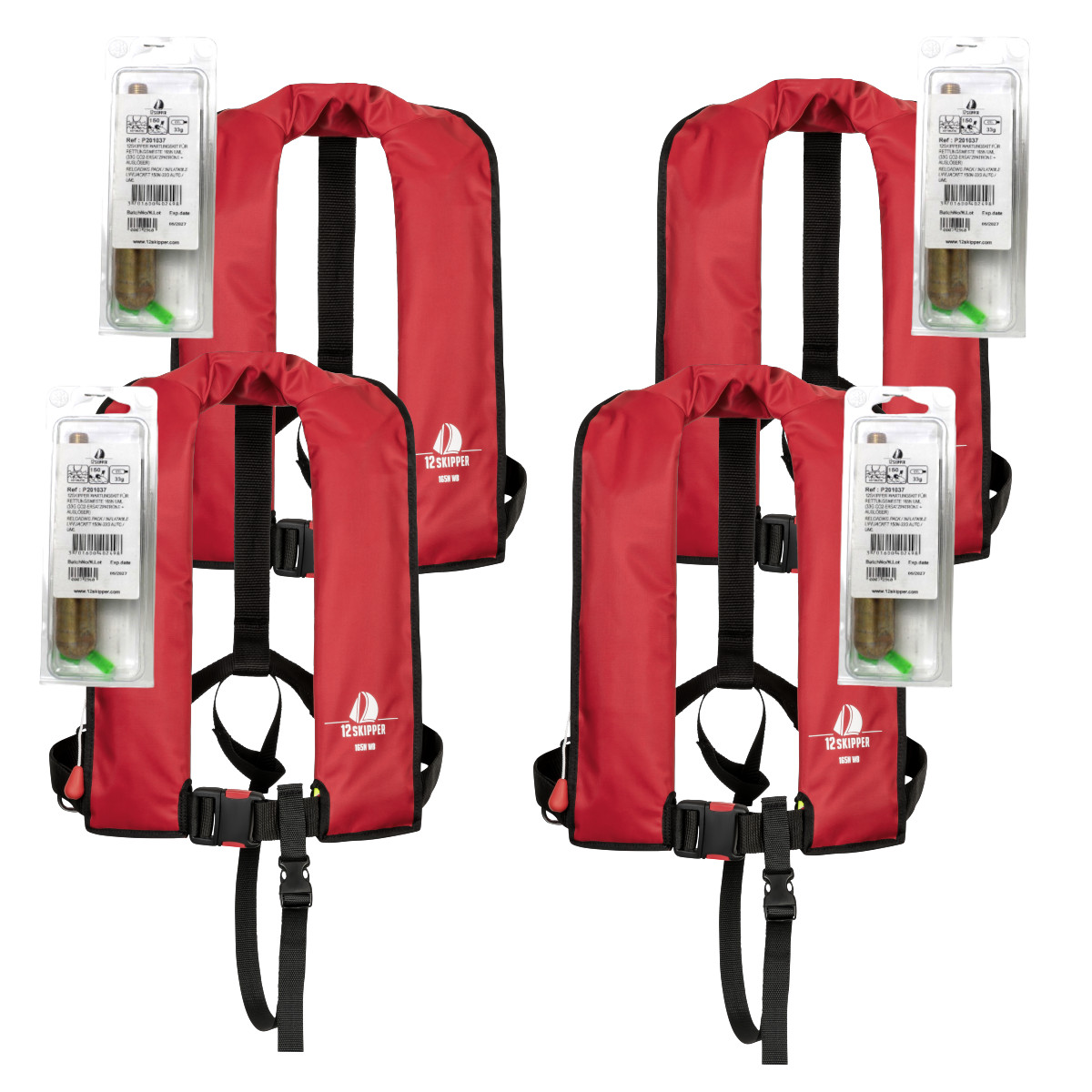 4er-Set 12skipper Automatik-Rettungsweste 165N ISO, rot inkl. 4 Wartungskits