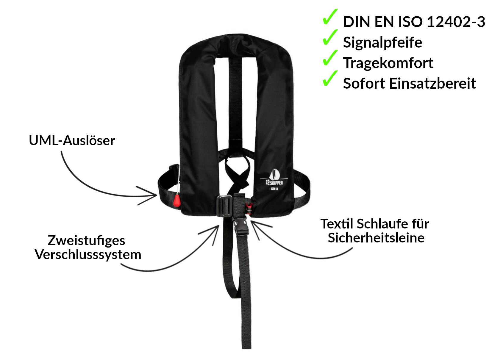 2er-Set 12skipper Automatik-Rettungsweste 165N ISO mit Harness, schwarz