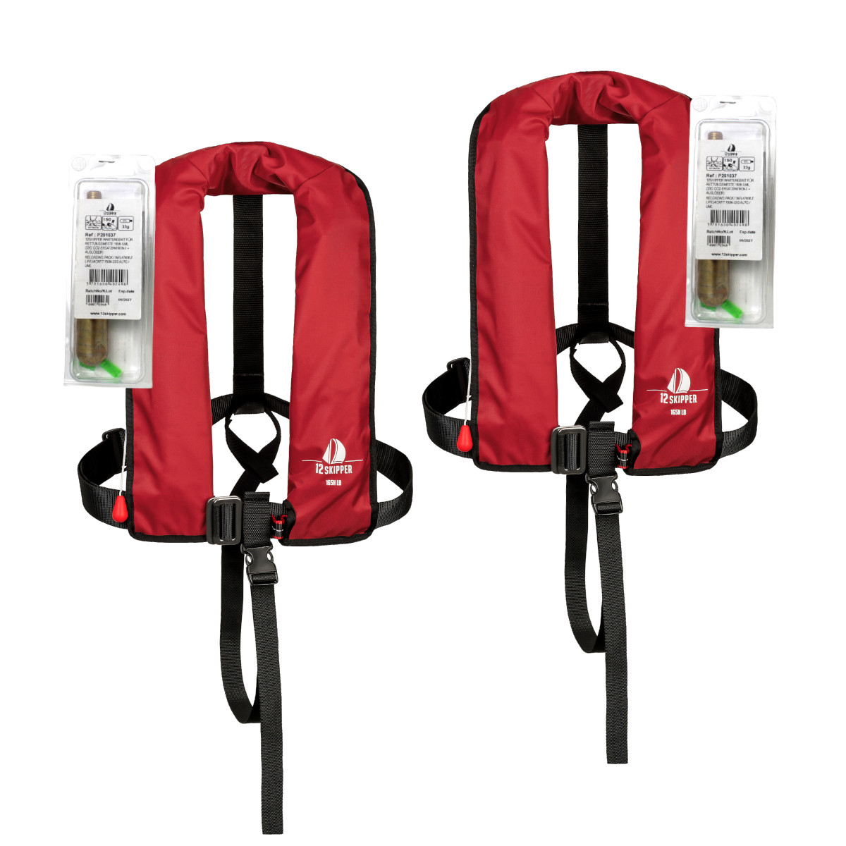 2er-Set 12skipper Automatik-Rettungsweste 165N ISO mit Harness, rot inkl. 2 Wartungskits