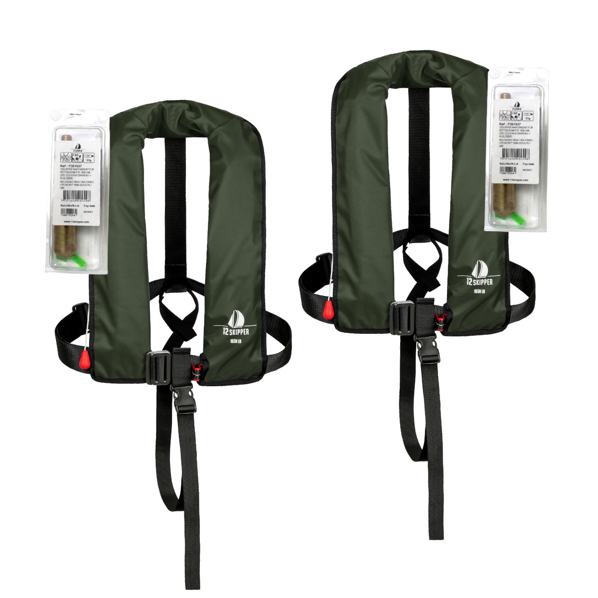 2er-Set 12skipper Automatik-Rettungsweste 165N ISO mit Harness, olive inkl. 2 Wartungskits