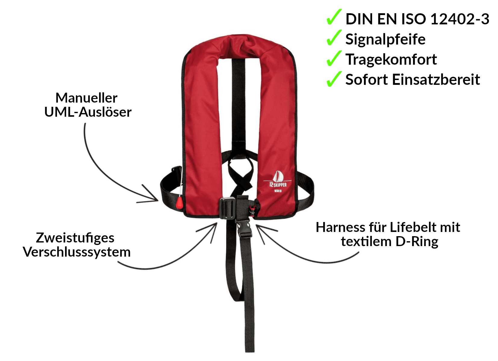 12skipper Automatik-Rettungsweste 165N ISO mit Harness, rot