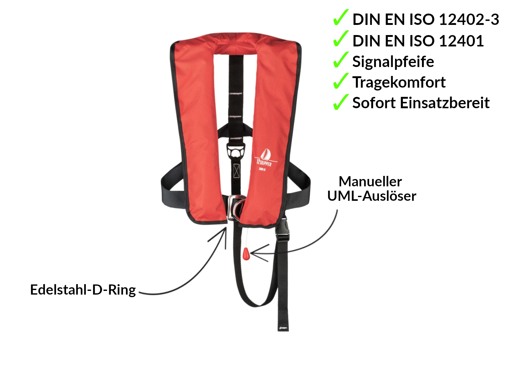 2er-Set 12skipper Automatik-Rettungsweste 300N ISO mit Harness, rot inkl. 2 Wartungskits