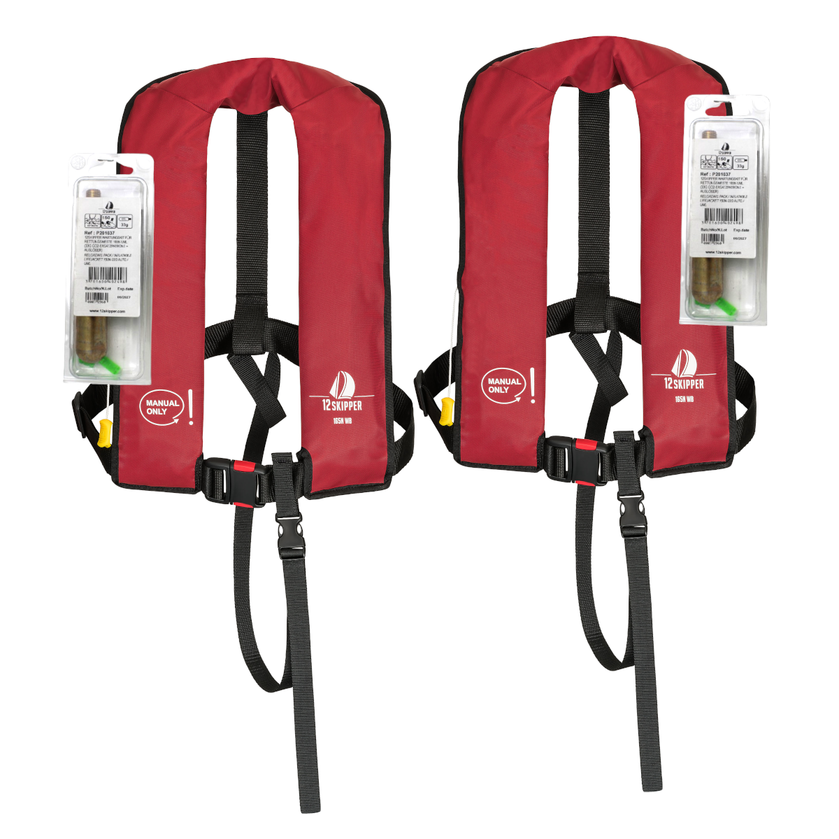 2er-Set 12skipper Rettungsweste 165N ISO mit manueller Auslösung, rot inkl. 2 Wartungskits