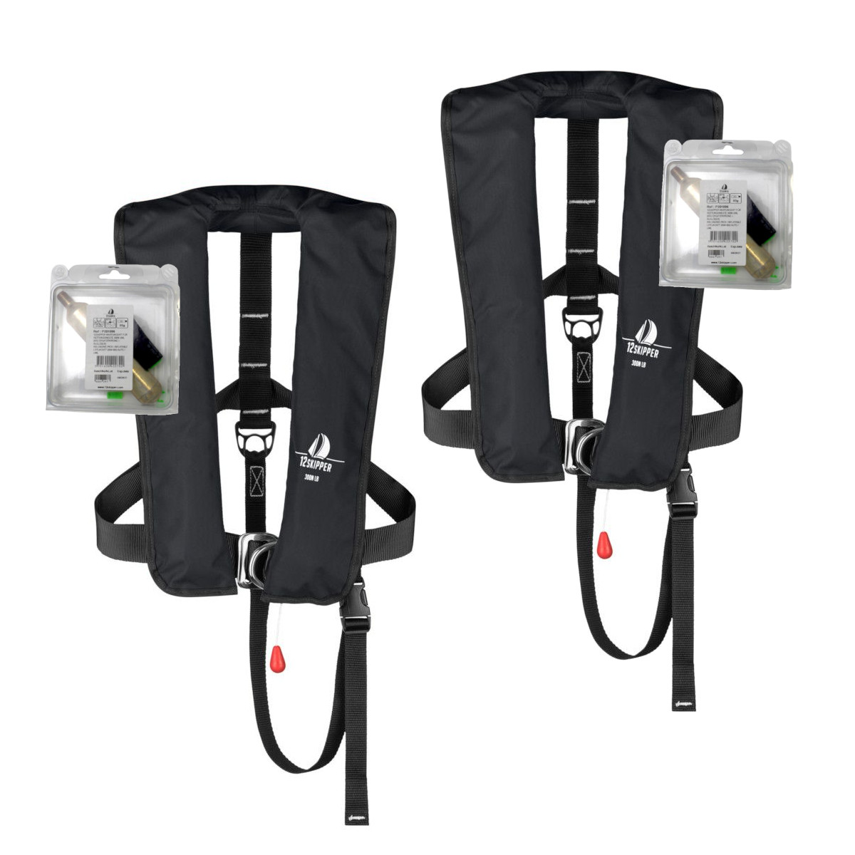 2er-Set 12skipper Automatik-Rettungsweste 300N ISO mit Harness, schwarz inkl. 2 Wartungskits