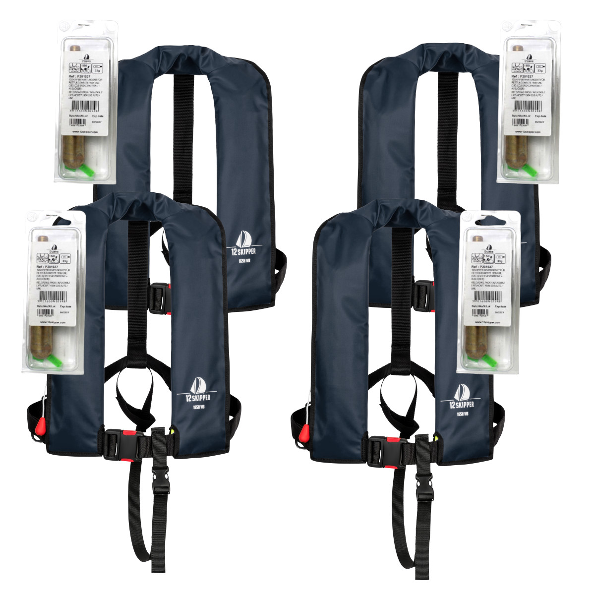 4er-Set 12skipper Automatik-Rettungsweste 165N ISO, marineblau inkl. 4 Wartungskits