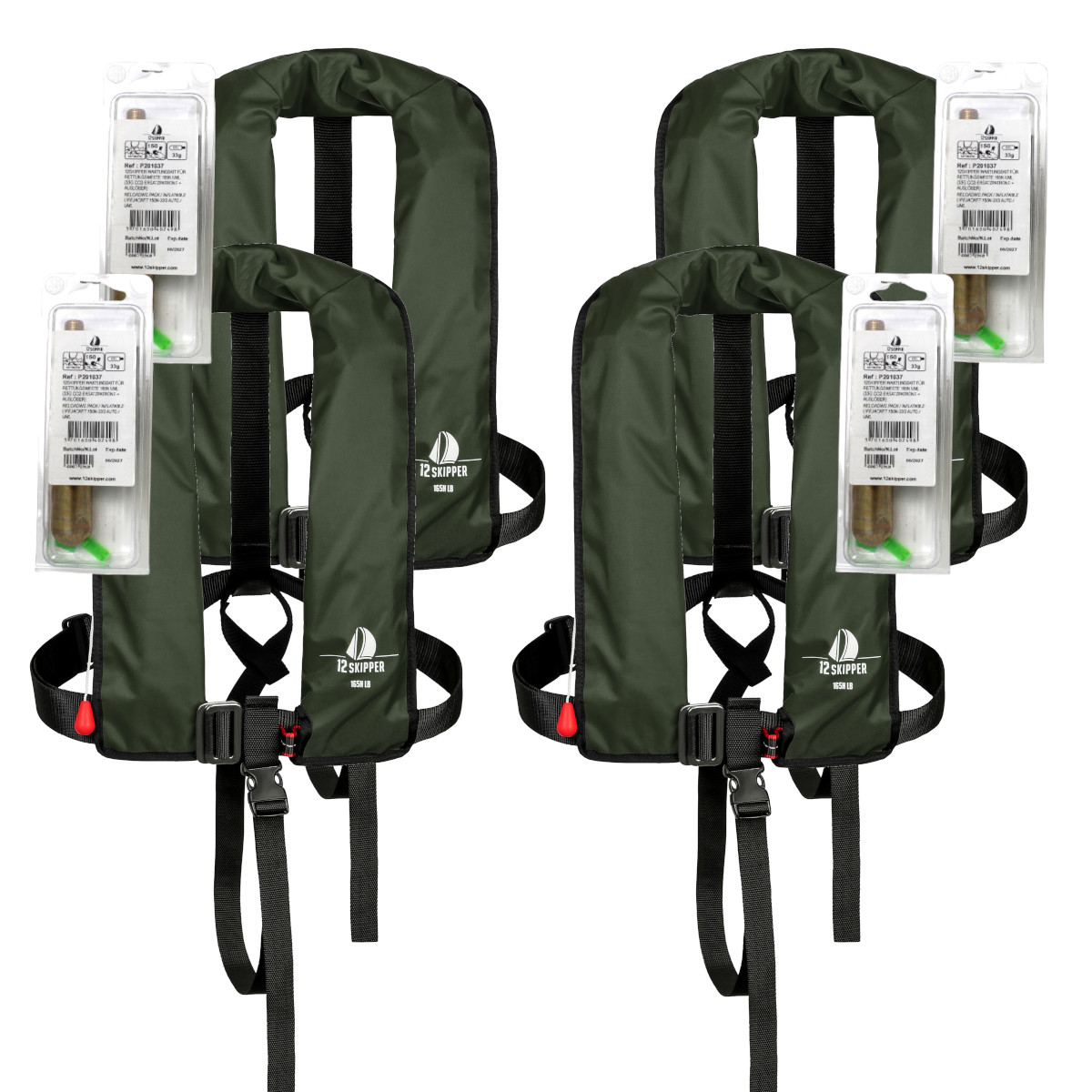 4er-Set 12skipper Automatik-Rettungsweste 165N ISO mit Harness, olive inkl. 4 Wartungskits